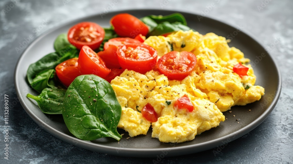 Delicious Scrambled Eggs with Cherry Tomatoes and Spinach Delicious Scrambled Eggs with Cherry Tomatoes and Spinach