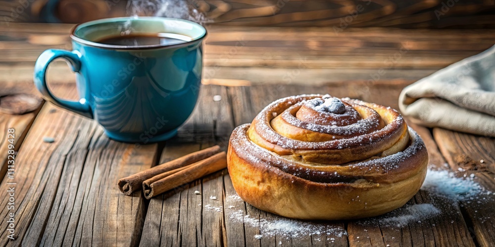 Sweet Cinnamon Roll and Aromatic Coffee on Rustic Wood Sweet Cinnamon Roll and Aromatic Coffee on Rustic Wood