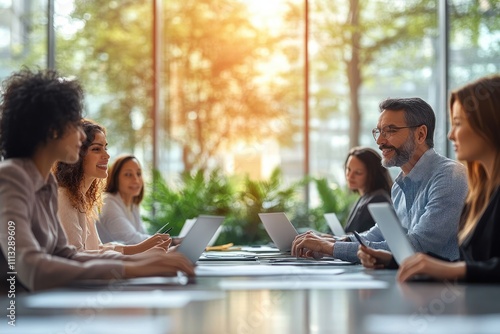 Diverse team of professionals engaged in business meeting discussing legal documents and financial consultancy in modern office setting photo