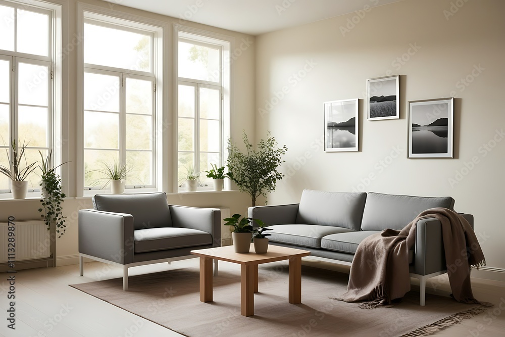 Modern living room with grey sofa, armchair, coffee table, and plants near large windows. Modern living room with grey sofa, armchair, coffee table, and plants near large windows.