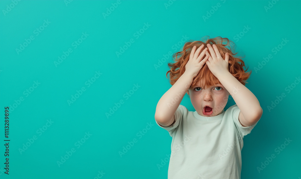 Laughing child on colorful, crazy teal green background, room for text Laughing child on colorful, crazy teal green background, room for text