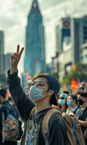 At Democracy Monument, demonstrators display the three-finger salute as a symbol of their opposition to the administration. photo