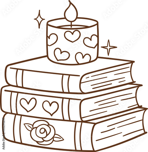 Doodle outline valentine books Cozy bookish illustration