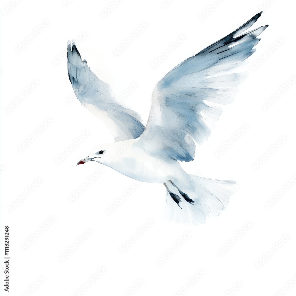 Obraz premium A watercolor illustration of a flying seagull against a white background.