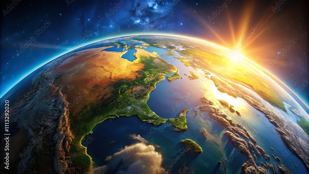 A Stunning Sunrise Illuminates the Earth's Surface, Showing a Breathtaking View of Continents and Oceans from Space A Stunning Sunrise Illuminates the Earth's Surface, Showing a Breathtaking View of Continents and Oceans from Space