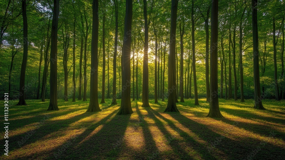 Fototapeta premium Sunlit forest; trees cast long shadows.
