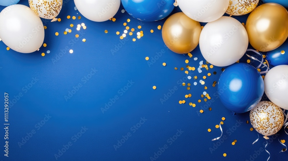 A festive arrangement of balloons and confetti on a blue background, ideal for celebrations. A festive arrangement of balloons and confetti on a blue background, ideal for celebrations.