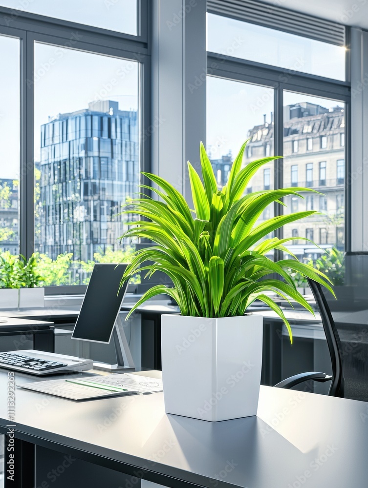 Fototapeta premium Modern Office Workspace with Green Plant.