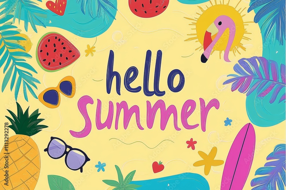 Fototapeta premium Colorful Summer Background with Fun Holiday Elements for Vacation and Party