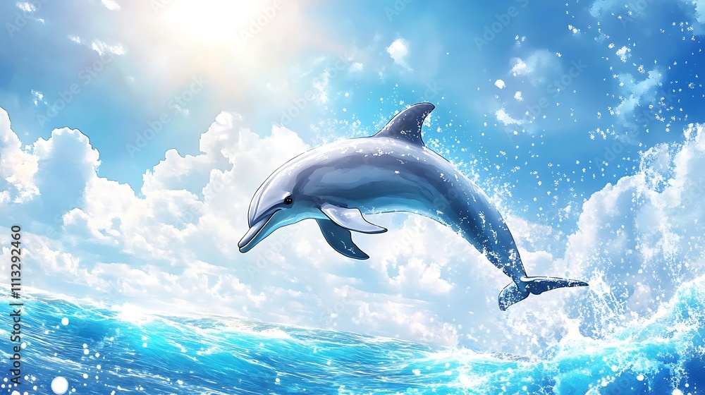 Fototapeta premium A dolphin leaps from the ocean, surrounded by bright sunlight and fluffy clouds.