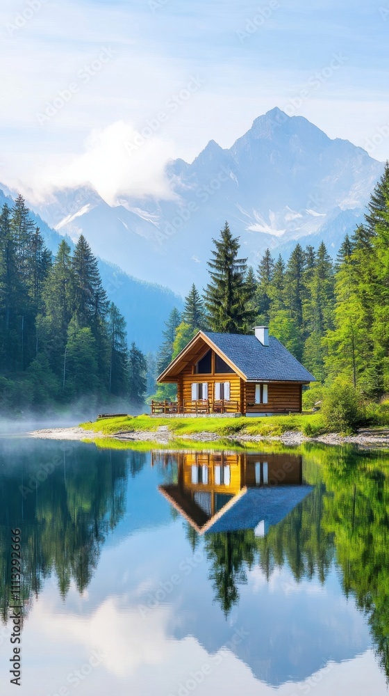 Fototapeta premium Misty Mountain Lake Surrounded by Pine Trees