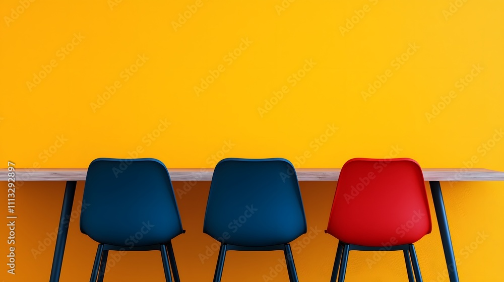 Obraz premium Vibrant Workspace with Colorful Chairs Against a Bright Yellow Wall for a Modern Aesthetic Feel. Uninterrupted Communication Concept
