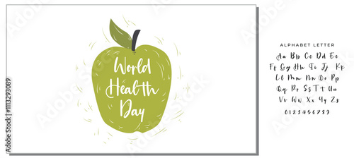 World Health Day lettering handwritten with calligraphic font on green hand drawn apple isolated on white background. Fresh fruit with elegant inscription. Bright colored vector illustration.