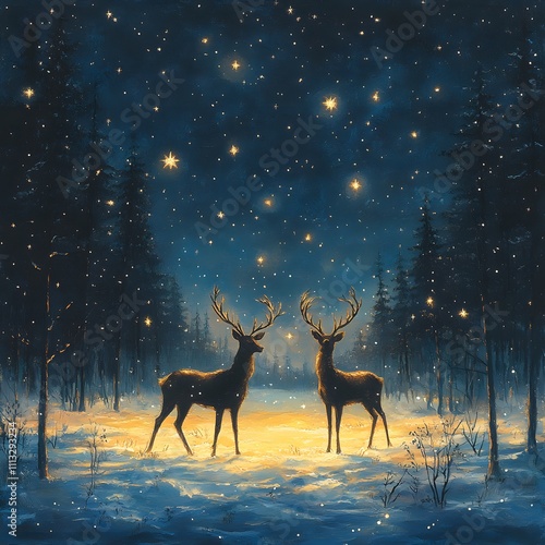 Enchanting Winter Wonderland with Deer Under Starry Night Sky