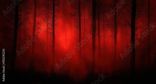 Eerie Forest with Silhouetted Trees in Red Fog Haunting Landscape Expressionism Horror