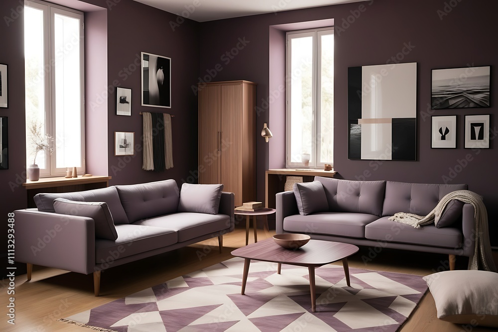 Purple living room with two sofas, coffee table, rug, and wall art. Purple living room with two sofas, coffee table, rug, and wall art.
