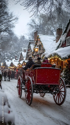 Old Fashioned Christmas Market Scene with Snowy Carriage Ride