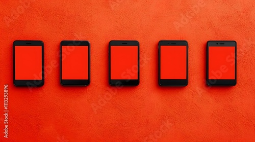 Five smartphones displaying the same alert on vibrant orange background evoke technological connection. Uninterrupted Communication Concept photo