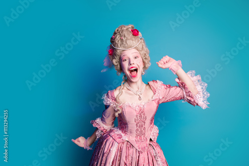 Photo of charming happy duchess british queen medieval lady wear corset dress isolated on blue color background