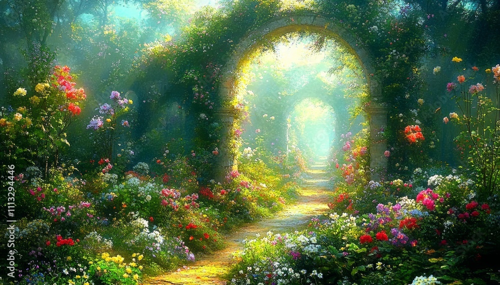 Obraz premium Vibrant Sunlit Garden with Overgrown Stone Archway and Colorful Flowers in a Fantasy Landscape