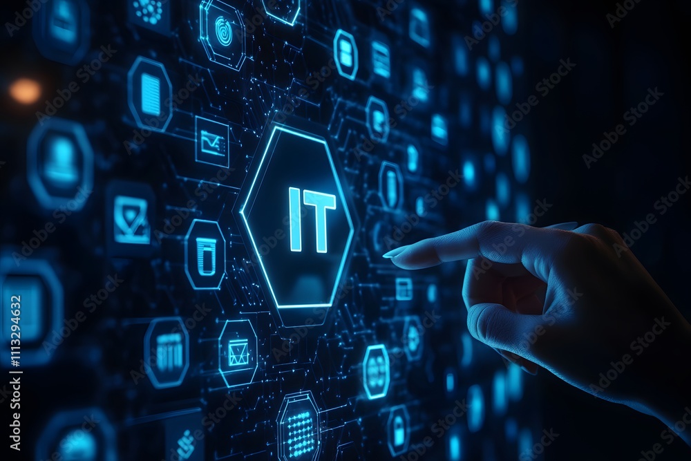 Hand Interacting with Digital IT Interface, Futuristic Technology and Information Systems Concept Hand Interacting with Digital IT Interface, Futuristic Technology and Information Systems Concept