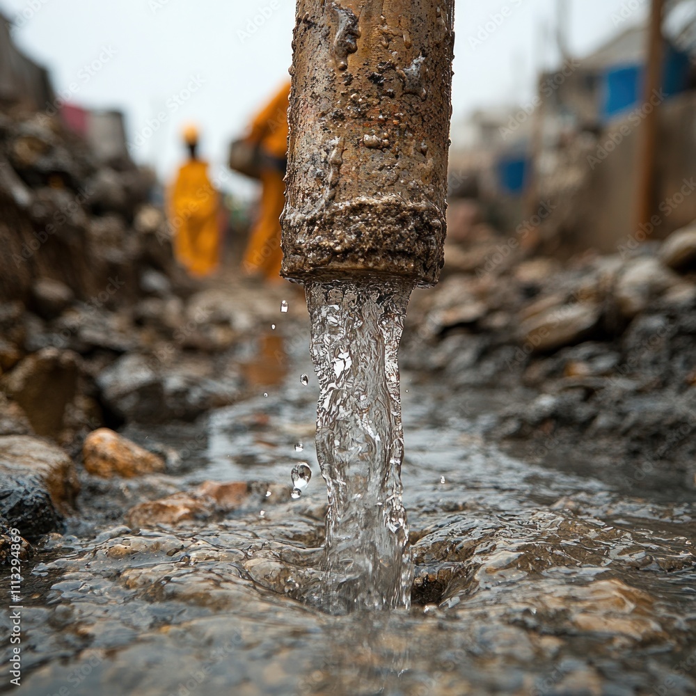 Water flows from a rusty pipe into a muddy area, highlighting sanitation issues. Water flows from a rusty pipe into a muddy area, highlighting sanitation issues.