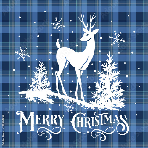 Christmas Reindeer with Pine tree and Snowflakes. Merry Christmas Text and Blue Plaid Pattern. Christmas solid white Vector Illustration