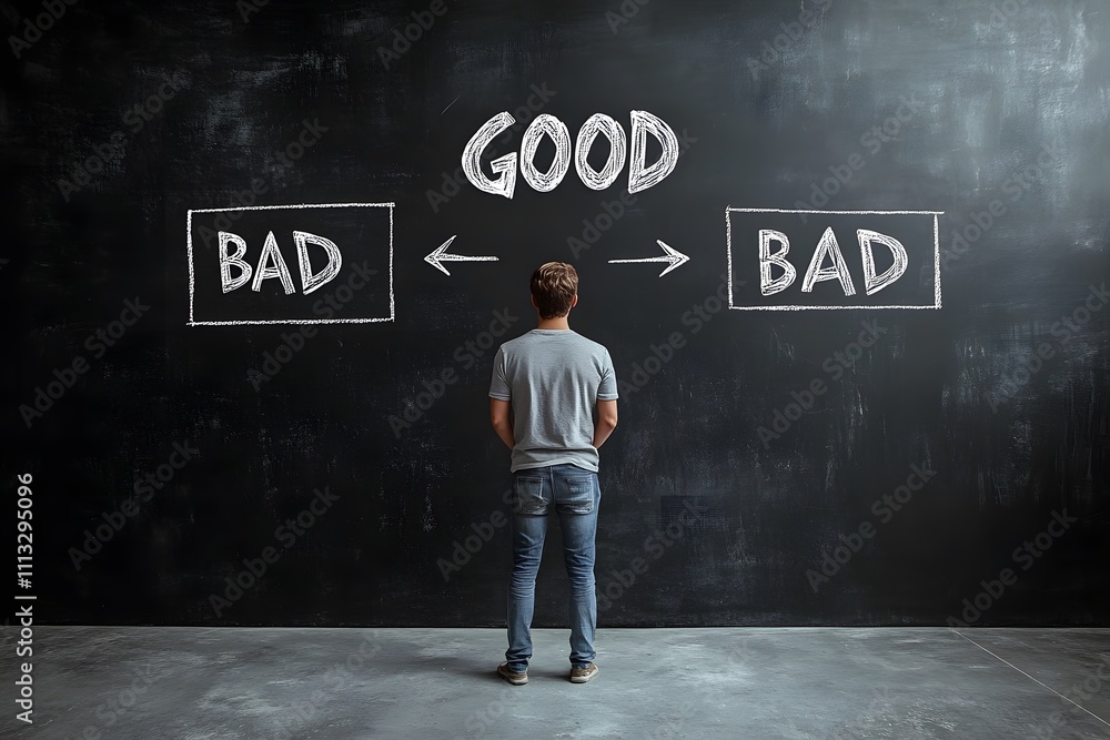Man Standing in Front of Chalkboard with Good and Bad Decision Arrows Concept Man Standing in Front of Chalkboard with Good and Bad Decision Arrows Concept