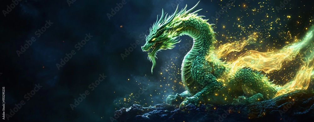 A mystical green dragon radiates awe, perfect for fantasy-themed events, book covers, gaming artwork, or promotional materials for mythical adventures. A mystical green dragon radiates awe, perfect for fantasy-themed events, book covers, gaming artwork, or promotional materials for mythical adventures.