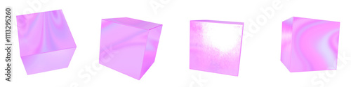 Set of 4 3d iridescent cubes isolated on a transparent background. Pink tone. 3d elements for graphic design.