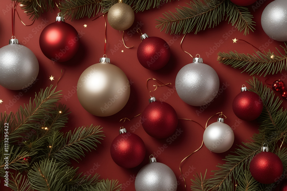 Chirstmas Decoration a Bold Red Background, Surrounded by Subtle Pine Branch Accents, Sparkling Ornaments, and Soft Glowing Fairy Lights Chirstmas Decoration a Bold Red Background, Surrounded by Subtle Pine Branch Accents, Sparkling Ornaments, and Soft Glowing Fairy Lights