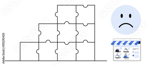 Stack of incomplete puzzle pieces next to a sad face emotion and an e-commerce storefront diagram. Ideal for business challenges, e-commerce issues, problem-solving, workflow bottlenecks, project