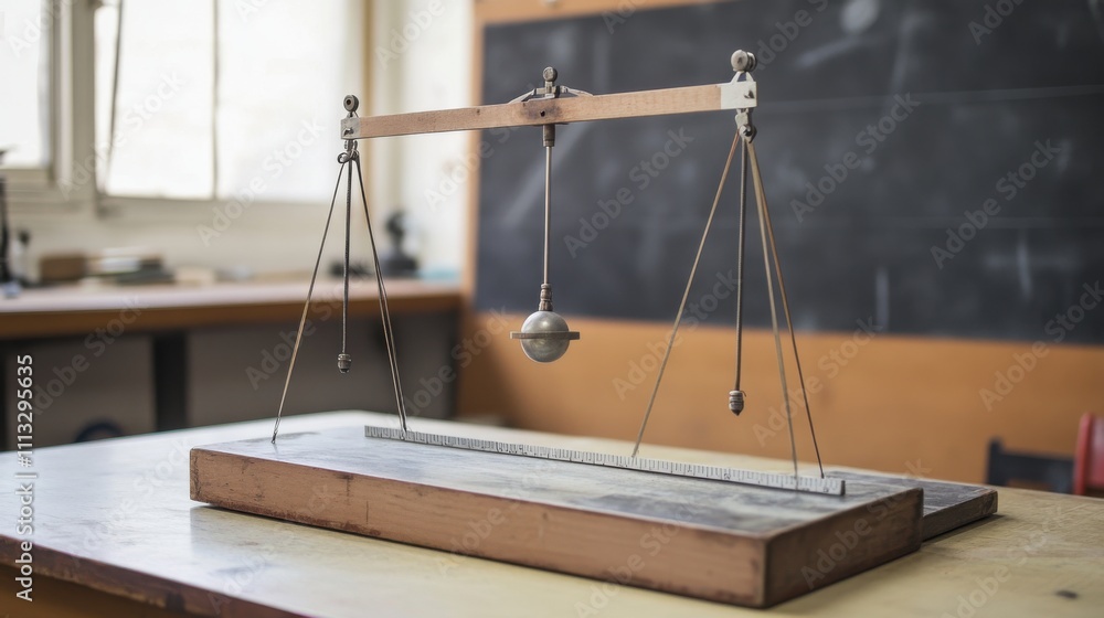 Old-fashioned balance scale with pendulum in a classroom setting during daylight hours