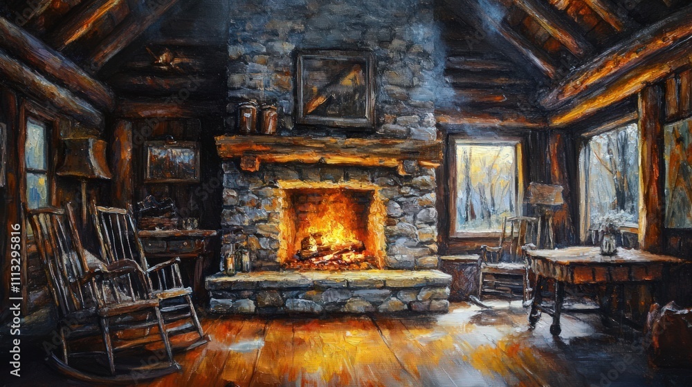 Cozy cabin, fire crackling, rocking chairs, winter scene. Cozy cabin, fire crackling, rocking chairs, winter scene.