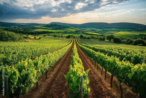 Lush Vineyard Rows of Grapevines Harvesting Ripe Grapes for Fine Wine Production in Picturesque Countryside Landscape