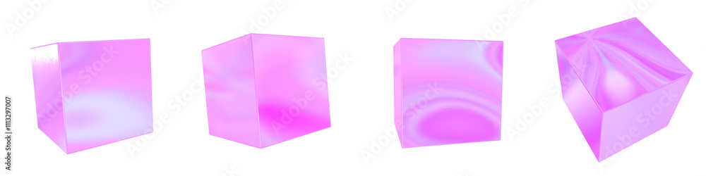 Set of 4 3d iridescent cubes isolated on a transparent background. Pink tone. 3d elements for graphic design. Set of 4 3d iridescent cubes isolated on a transparent background. Pink tone. 3d elements for graphic design.