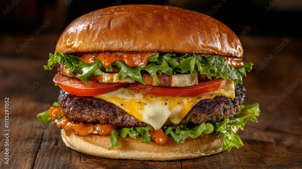Delicious Gourmet Hamburger on Rustic Wooden Table Ready to Tempt Food Lovers and Enhance Culinary Creations in Your Food Photography Collection Delicious Gourmet Hamburger on Rustic Wooden Table Ready to Tempt Food Lovers and Enhance Culinary Creations in Your Food Photography Collection