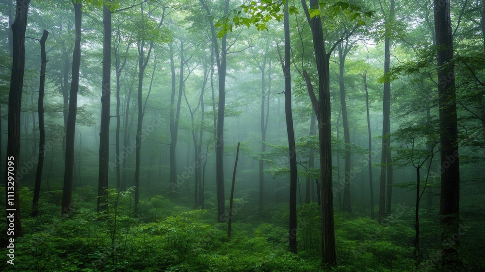 Fototapeta premium Misty forest in early morning with lush greenery and tall trees creating an enchanting atmosphere