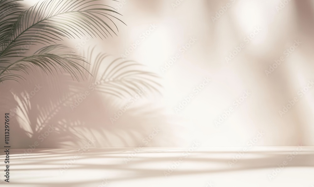 Minimal Palm Leaf Shadows on Light Beige Surface for Serene Background Minimal Palm Leaf Shadows on Light Beige Surface for Serene Background