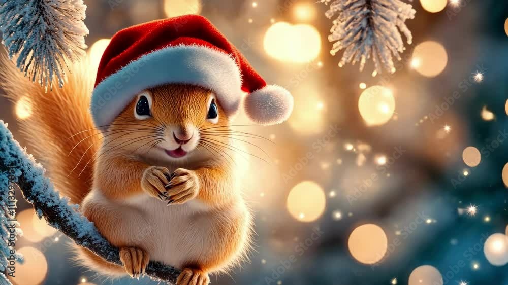 Adorable festive squirrel with santa hat amidst winter lights Adorable festive squirrel with santa hat amidst winter lights
