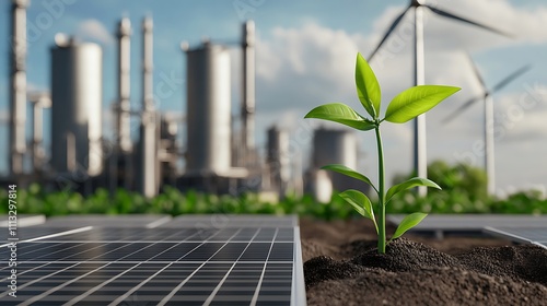 A young plant emerges from soil in the foreground, with solar panels and wind turbines in the background, symbolizing renewable energy and sustainability.
