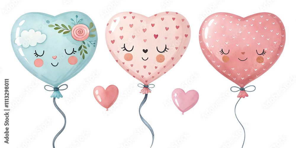 heart shape balloons watercolor set painting drawing cut out isolated on white background