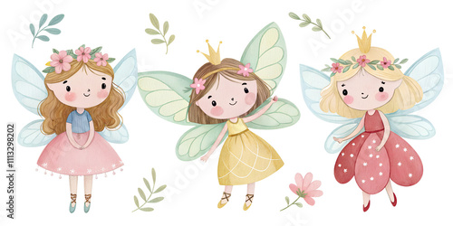 cute fairy watercolor set painting drawing cut out isolated on white background