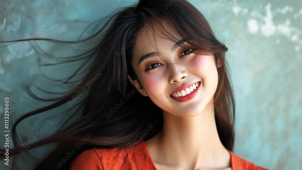 a happy, laughing, Asian woman with long hair