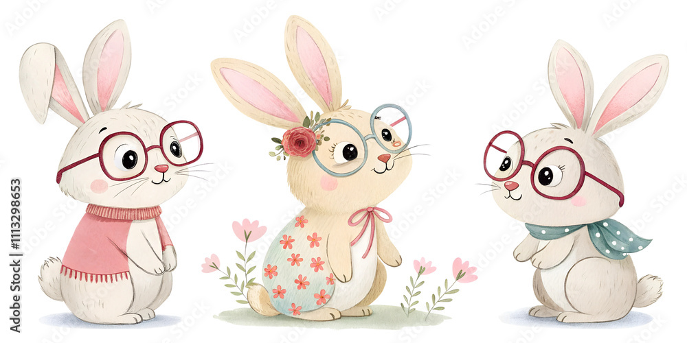 cute Little bunny with glasses watercolor set painting drawing cut out isolated on white background cute Little bunny with glasses watercolor set painting drawing cut out isolated on white background