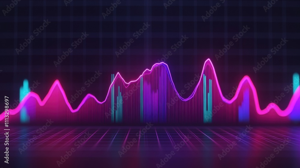 finance stocks advisory Concept. Vibrant audio waveform visualization in neon colors against a dark grid background. finance stocks advisory Concept. Vibrant audio waveform visualization in neon colors against a dark grid background.