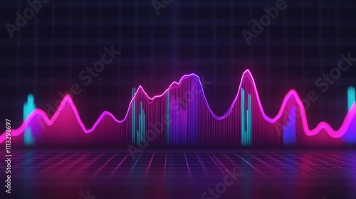 finance stocks advisory Concept. Vibrant audio waveform visualization in neon colors against a dark grid background.