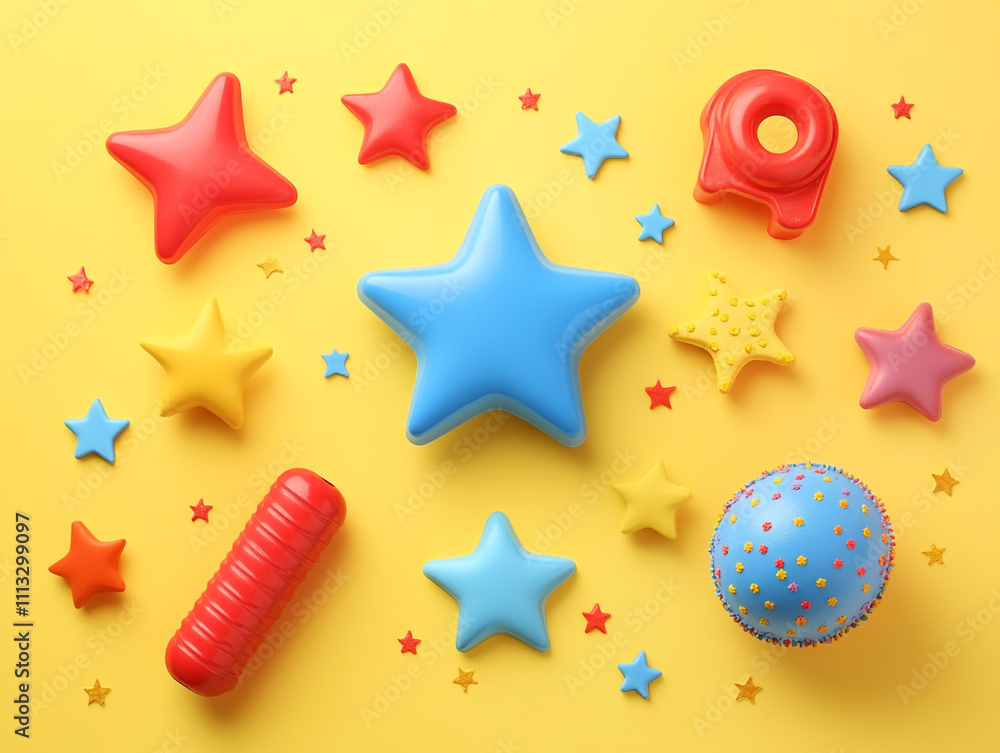 Bright, cheerful design with playful stars and toy shapes in primary colors, rounded sans-serif font adding to the whimsical atmosphere Bright, cheerful design with playful stars and toy shapes in primary colors, rounded sans-serif font adding to the whimsical atmosphere