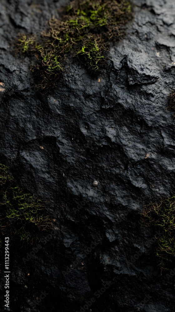 A textured surface featuring dark tones and patches of green moss. A textured surface featuring dark tones and patches of green moss.