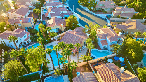 Photography Aerial of Palm-Lined Suburban Neighborhood with Pools and Red Roofs